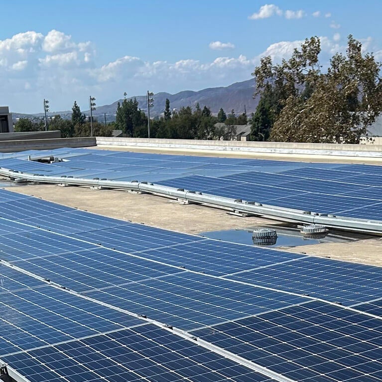 Rooftop solar panels on Bourns Hall