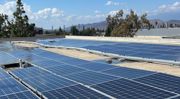 Rooftop solar panels on Bourns Hall