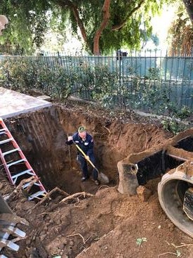 A technician excavates a deep trench in a landscaped outdoor area. Yellow-handled shovel, red ladder, exposed roots, soil, concrete pipes, and green metal fence mark active utility work