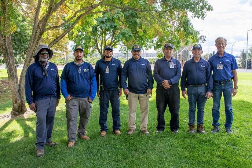 Tree transplanting landscape team A team of seven landscape employees in a grassy area